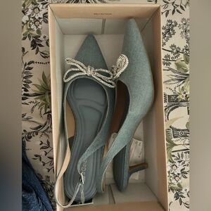 BCBG Denim Blue Kitten Heel with Bedazzled Bow Embellishment- Size 9.5